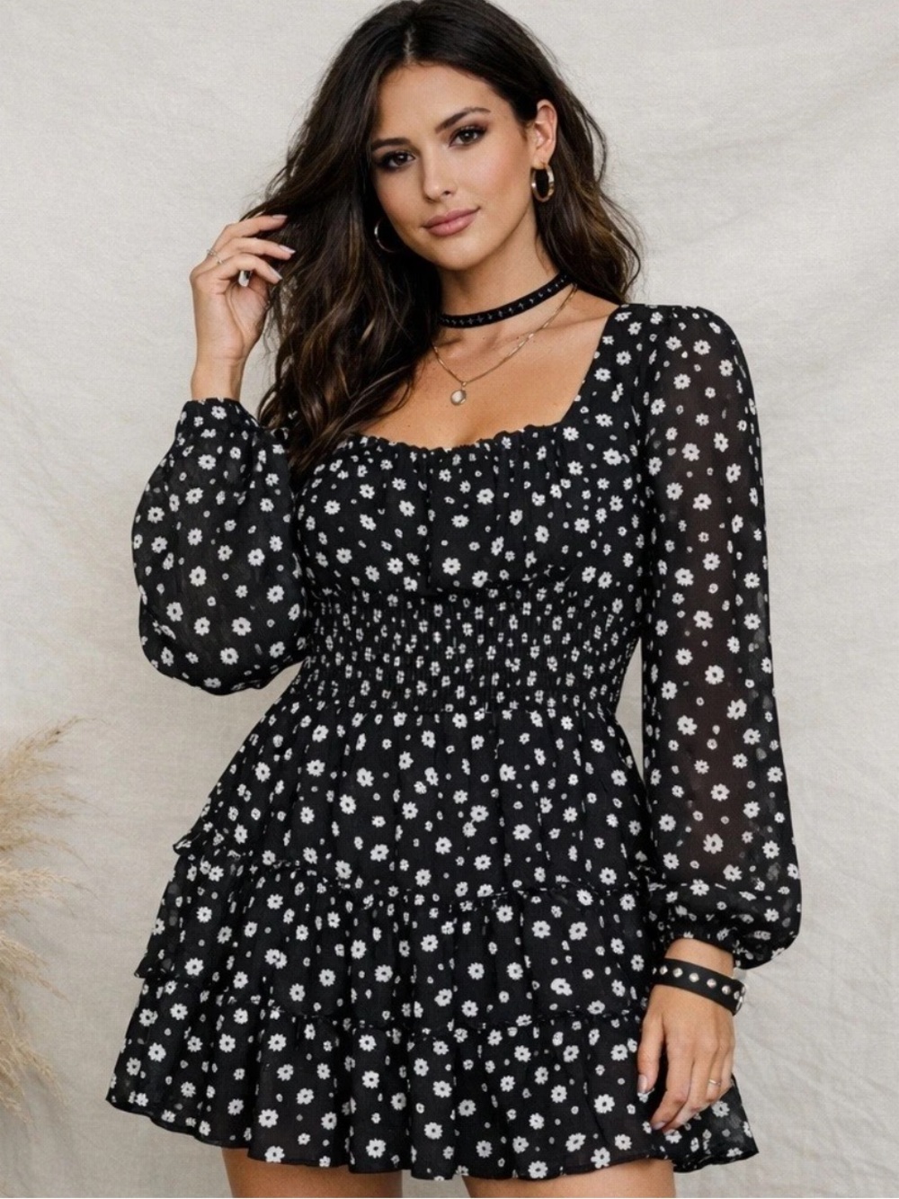 TRIXXI Black Floral Mini Dress Smocked Tiered Long